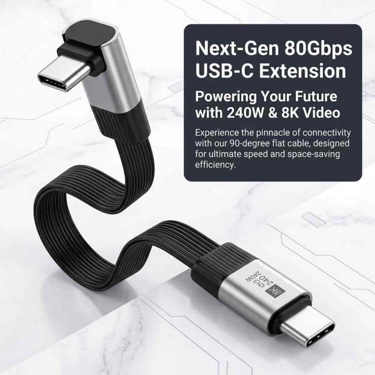 Imagine Cablu USB4 type C flat 8K60Hz 240W drept/unghi T-T 0.13m Negru, ku4fa3