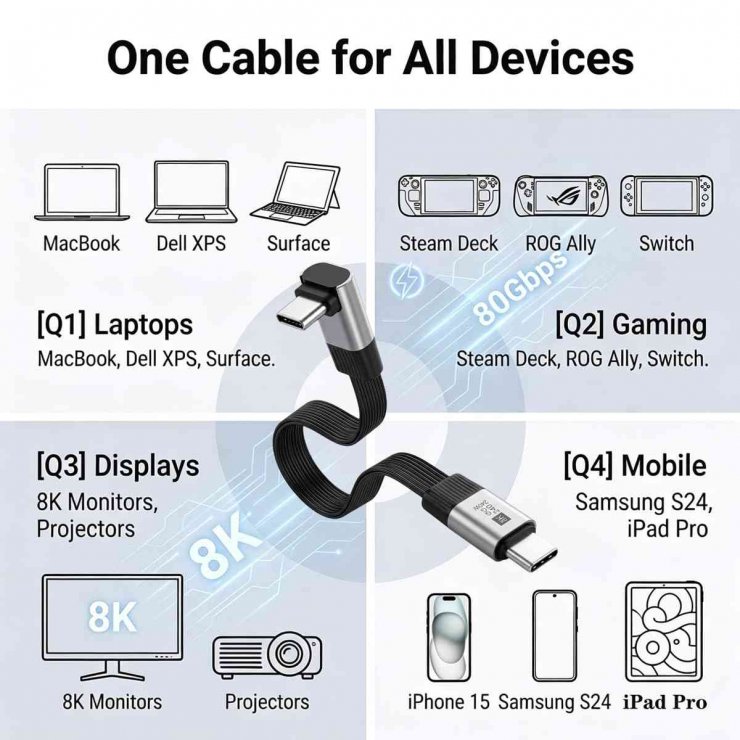 Imagine Cablu USB4 type C flat 8K60Hz 240W drept/unghi T-T 0.13m Negru, ku4fa3