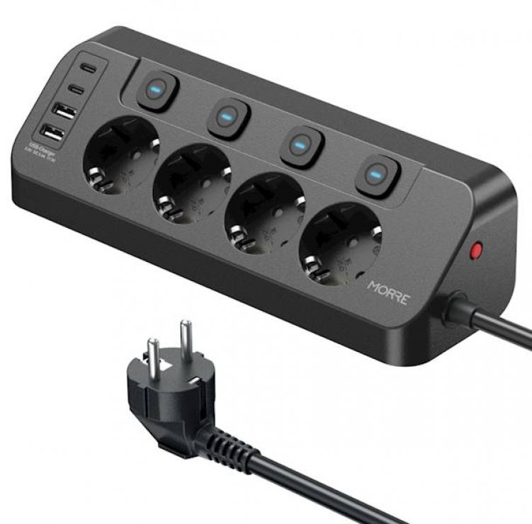 Imagine Prelungitor Schuko cu 4 prize + 2 x USB type C + 2 x USB-A 15W 2m Negru, M412