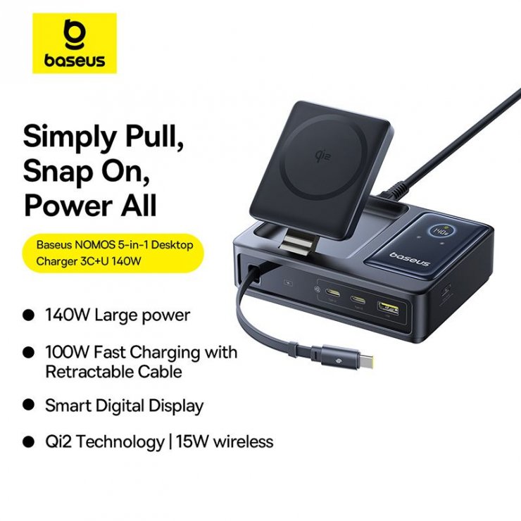 Imagine Incarcator priza USB-A + 2 x USB-C + incarcare wireless + cablu USB type C 140W Nomos, Baseus P10170902123-00