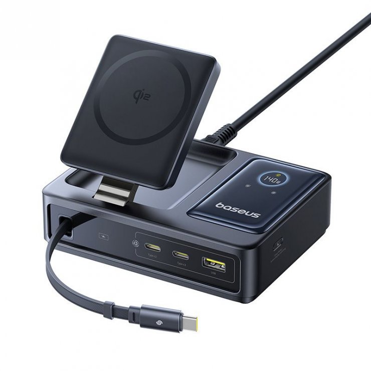 Imagine Incarcator priza USB-A + 2 x USB-C + incarcare wireless + cablu USB type C 140W Nomos, Baseus P10170902123-00