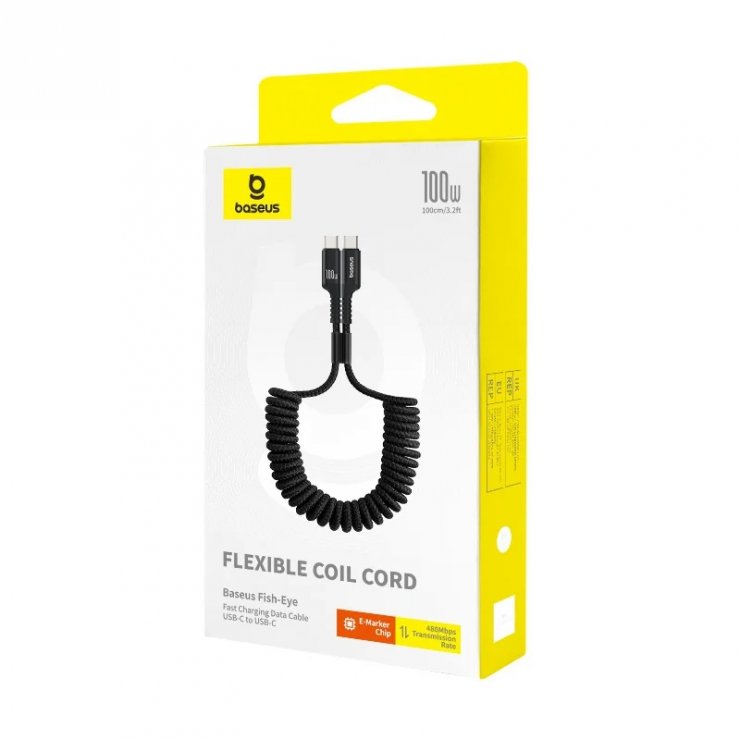 Imagine Cablu spiralat USB type C 2.0 100W Fish-eye T-T 1m Negru brodat, Baseus