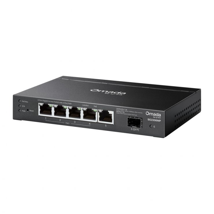 Imagine Switch Omada Access 6 porturi Gigabit (din care 4 x PoE+ si 1 x SFP), TP-LINK SG2206MP