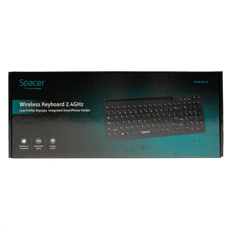 Imagine Tastatura wireless low profile keycap/ suport telefon Negru, Spacer SPKB-WS-04