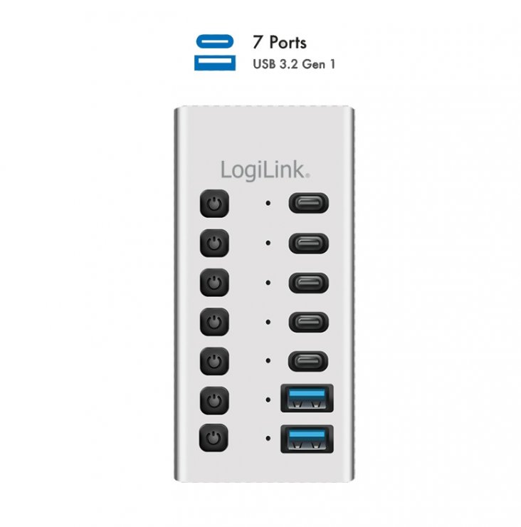 Imagine HUB USB-A/type C 3.2 la 5 x USB type C + 2 x USB-A cu switch ON/OFF Aluminiu, Logilink UA0447