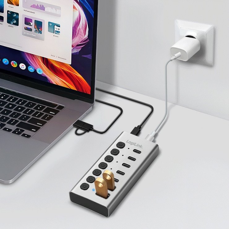 Imagine HUB USB-A/type C 3.2 la 5 x USB type C + 2 x USB-A cu switch ON/OFF Aluminiu, Logilink UA0447