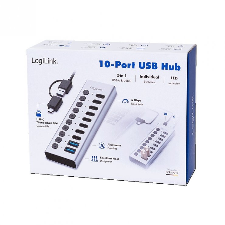 Imagine HUB USB-A/type C 3.2 la 8 x USB type C + 2 x USB-A cu switch ON/OFF Aluminiu, Logilink UA0448