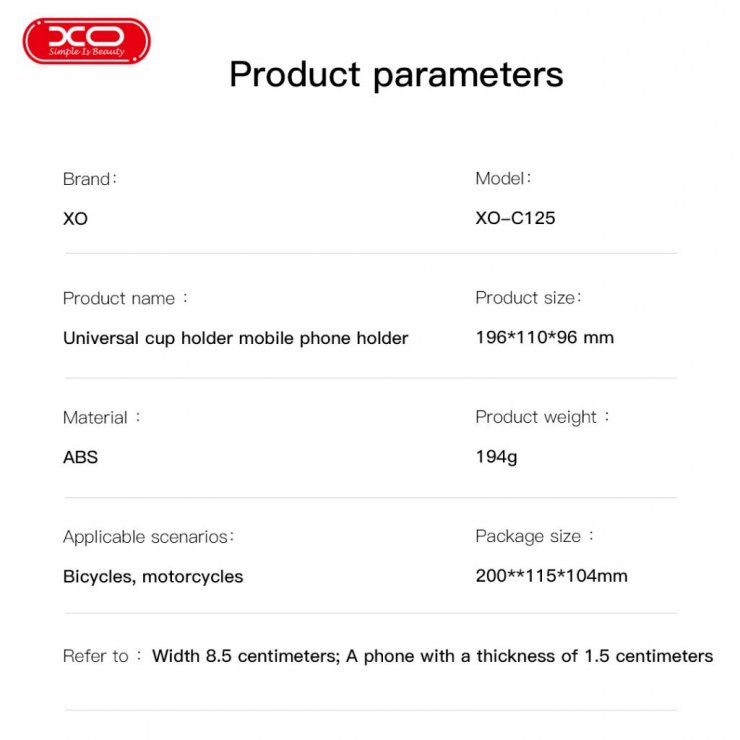 Imagine Suport telefon + cup holder pentru bicicleta Negru, XO C125