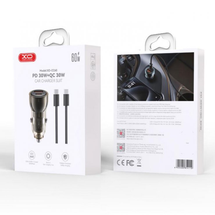 Imagine Incarcator auto USB-A + USB-C 60W + cablu USB type C Negru/Blue, XO CC60