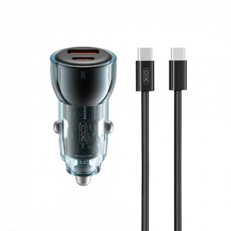 Imagine Incarcator auto USB-A + USB-C 60W + cablu USB type C Negru/Blue, XO CC60