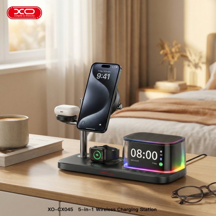 Imagine Suport cu incarcare wireless magnetic 25W + ceas + boxa + Negru, XO CX045