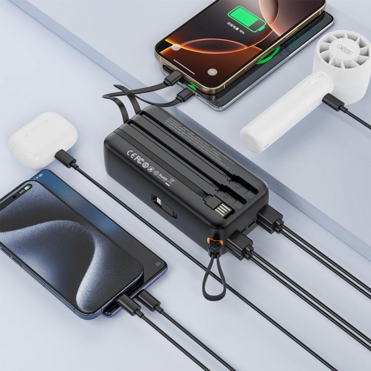 Imagine Power bank 30000 mAh 10W cu 4 cabluri integrate Negru, XO PR280