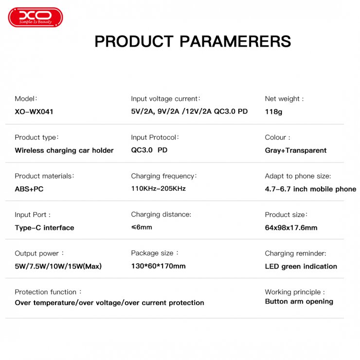Imagine Suport auto wireless pentru smartphone 15W, XO WX041