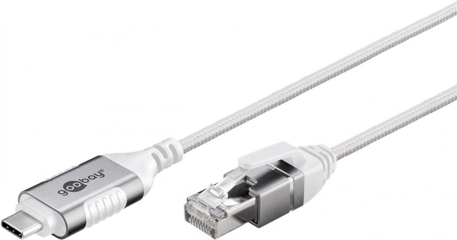 Imagine Cablu de retea USB type C la RJ45 Gigabit Cat.6 Slim 2m brodat Alb, Goobay G74387