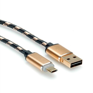 Cablu USB la micro USB-B reversibil cu LED GOLD Quick/Fast Charge 2.0 (incarcare rapida) T-T 1m, Roline 11.02.8319 