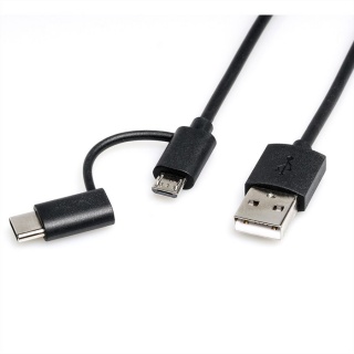 Cablu micro USB-B 2.0 + adaptor USB-C la USB-A T-T 1m Negru, Roline 11.02.8328