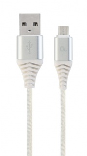 Cablu USB 2.0 la micro USB-B Premium T-T 1m Argintiu/Alb brodat, Gembird CC-USB2B-AMmBM-1M-BW2