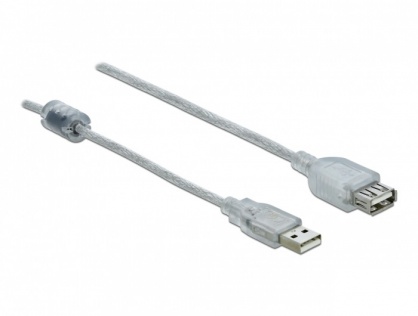 Cablu prelungitor USB 2.0 T-M cu ferita 0.5m transparent, Delock 83880
