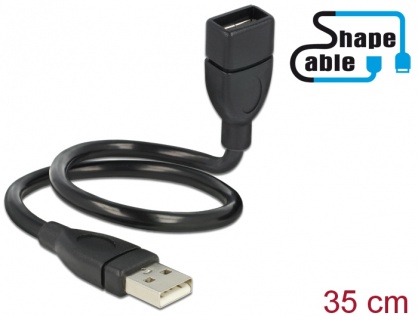 Cablu prelungitor USB 2.0-A T-M ShapeCable 0.35m Negru, Delock 83498