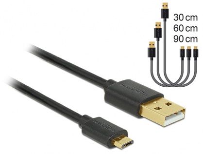 Cablu de date si incarcare Fast/Quick Charging (incarcare rapida) USB 2.0 la micro USB-B 3 buc/set Negru, Delock 83680