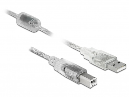 Cablu USB 2.0 tip A-B cu ferita 1m transparent, Delock 83892