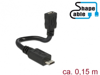 Cablu prelungitor micro USB-B 5 pini 2.0 T-M OTG ShapeCable 0.15m, Delock 83923