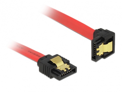 Cablu SATA III 6 Gb/s drept/jos cu fixare rosu 30cm, Delock 83978