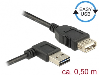 Cablu prelungitor EASY-USB 2.0 tip A unghi stanga/dreapta T-M 0.5m Negru, Delock 85177