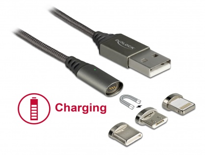 Cablu de incarcare magnetic USB la iPhone Lightning 8 pini / Micro USB / USB- C antracit 1m, Delock 85705