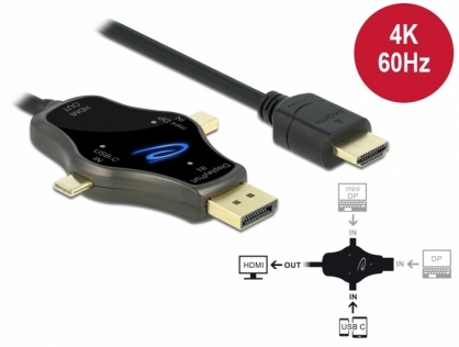 Cablu 3 in 1 USB-C / DisplayPort / mini DisplayPort la HDMI 4K@60Hz 1.75m, Delock 85974