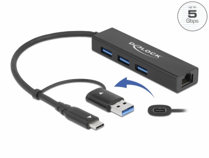 HUB USB 3.2 Gen1 A+C la 3 x USB-A + Gigabit LAN, Delock 64149