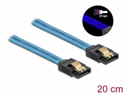 Cablu SATA III 6 Gb/s UV glow effect 20cm Albastru, Delock 82121