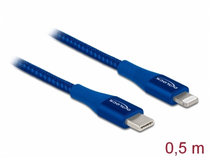 Cablu de date si incarcare USB Type-C la Lightning MFI Blue 0.5m, Delock 85415