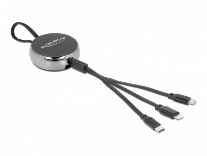 Cablu USB 3 in 1 retractabil de incarcare Lightning 8 pini / Micro USB / USB Type-C Negru, Delock 86702