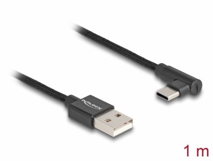 Cablu USB 2.0-A la USB type C unghi T-T 1m brodat Negru, Delock 80030