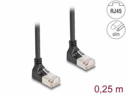 Cablu de retea RJ45 Cat.6A S/FTP Slim unghi 90 grade sus/sus 0.25m Negru, Delock 80279