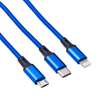 Cablu USB la micro USB/USB type C/Lightning brodat 1.2m Albastru AK-USB-27