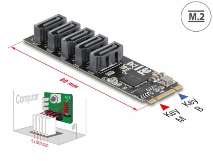 Adaptor M.2 2280 Key B+M la 5 x SATA, Delock 64241