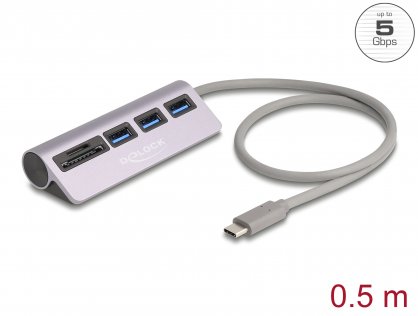 HUB USB type C 5Gbps la 3 x USB-A + cititor SD/Micro SD Argintiu, Delock 64292