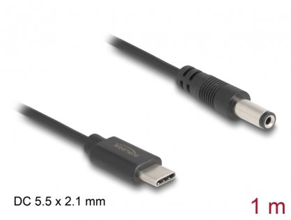 Cablu de alimentare USB type C la DC 5.5 x 2.1mm T-T 1m, Delock 85397