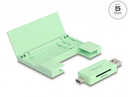 Cititor de carduri USB type C/USB-A 5Gbps la micro SD + SD + cutie depozitare Mint, Delock 91015