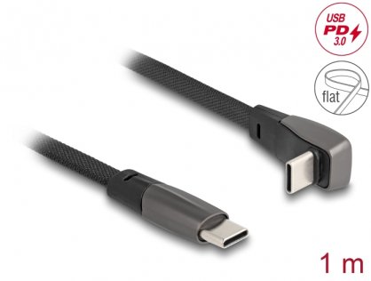 Cablu flat USB 2.0 type C drept/unghi 90 grade 60W T-T 1m brodat Negru, Delock 80751
