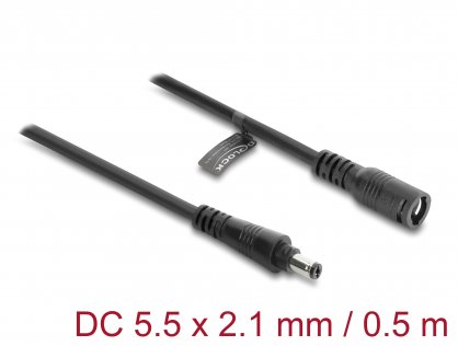 Cablu prelungitor alimentare 5.5 x 2.1mm cu blocare T-M 0.5m Negru, Delock 67388