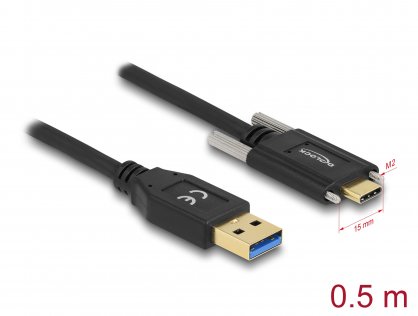 Cablu USB-A 10Gbps la USB Type C cu suruburi T-T 0.5m Negru, Delock 84007