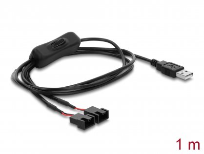 Cablu alimentare USB-A la 2 x ventilator 4 pini (2 pini conectati) T-T cu switch ON/OFF 1m, Delock 91343